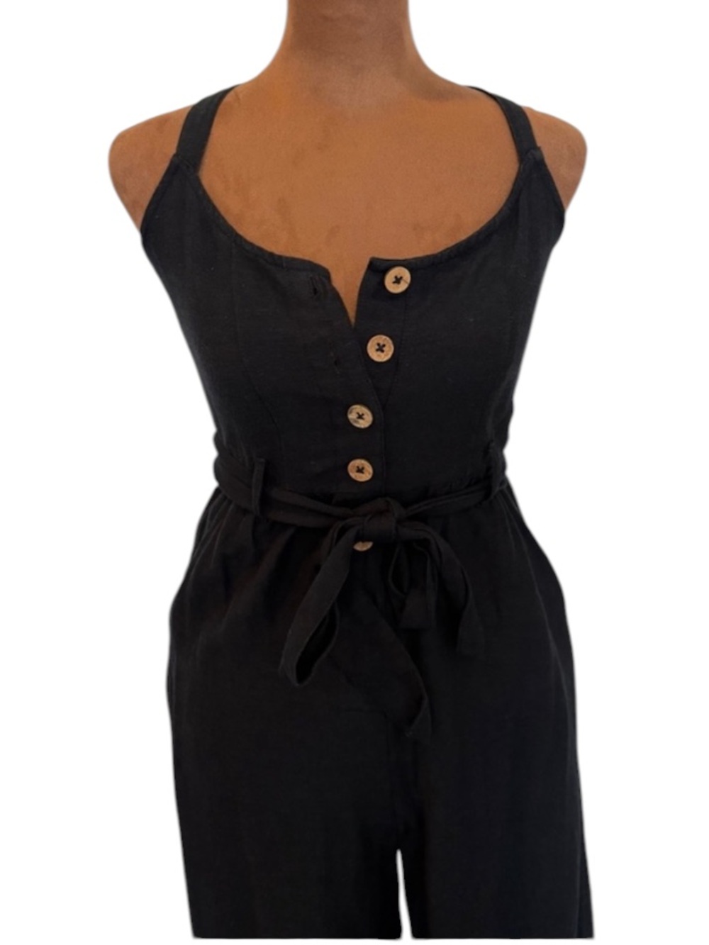 Roxy Black Linen Blend Wide Leg Jumpsuit XS Button Front Belted Pockets boho - Picture 3 of 9